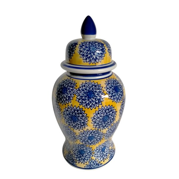 14  Temple Jar W Dalhia Flower,Yellow Blue Cheap