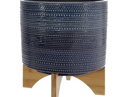 11  DOTTED PLANTER W  WOOD STAND, BLUE Cheap